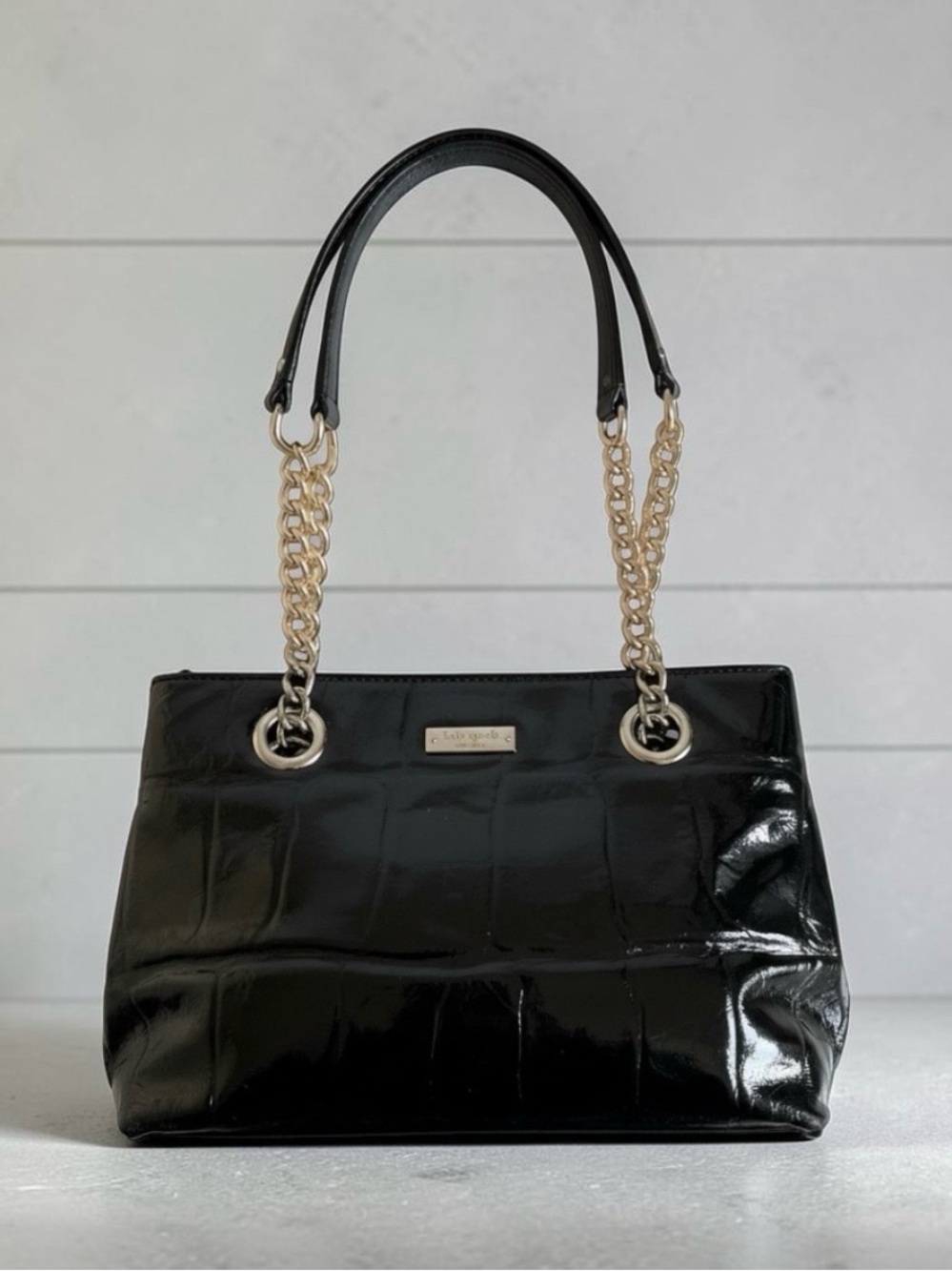 Kate Spade Knightsbridge Helena Black Patent Leather Croc Embossed Chain Handbag
